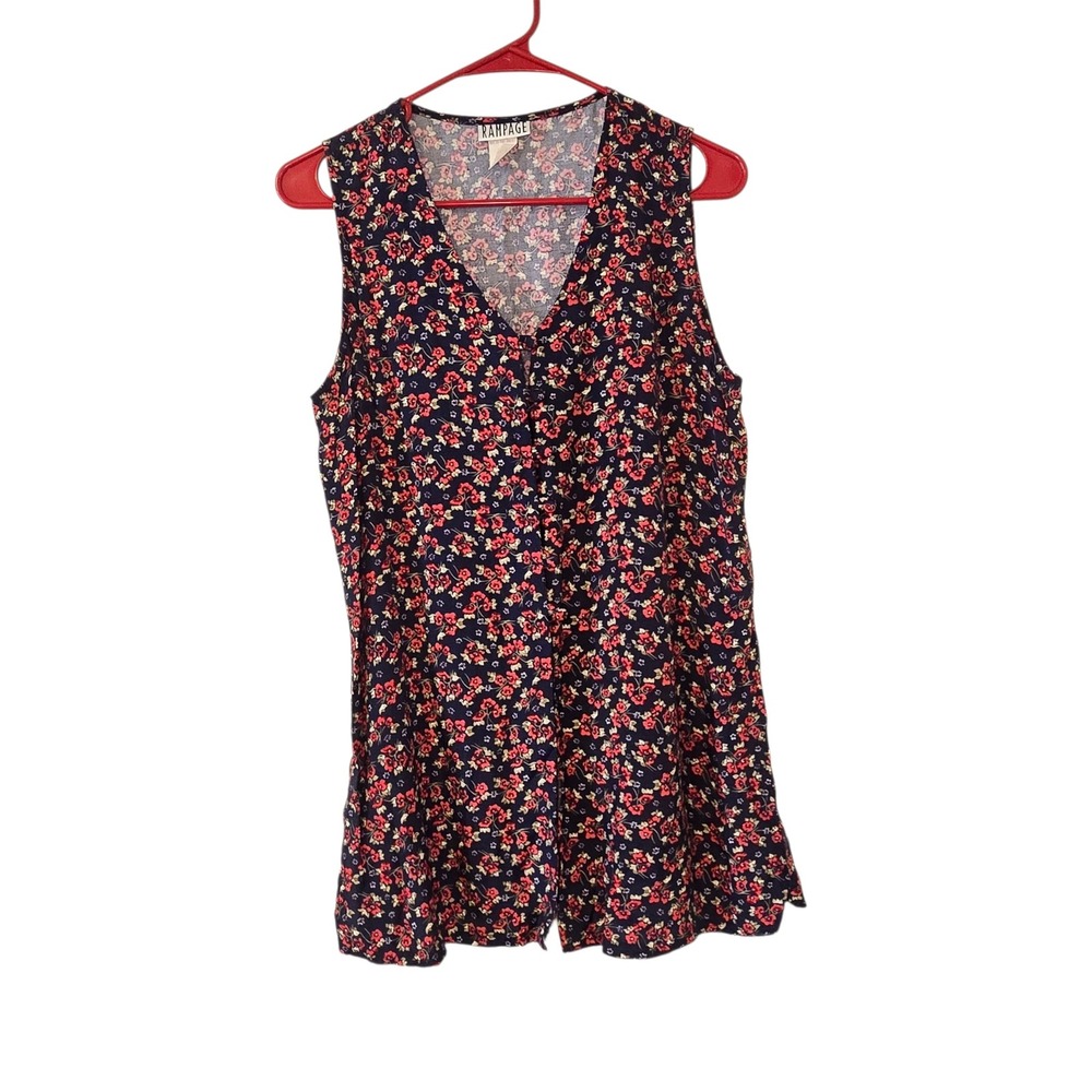 Vintage Rampage 90s Floral Tunic Top Medium Made USA Rayon Navy Red Sleeveless